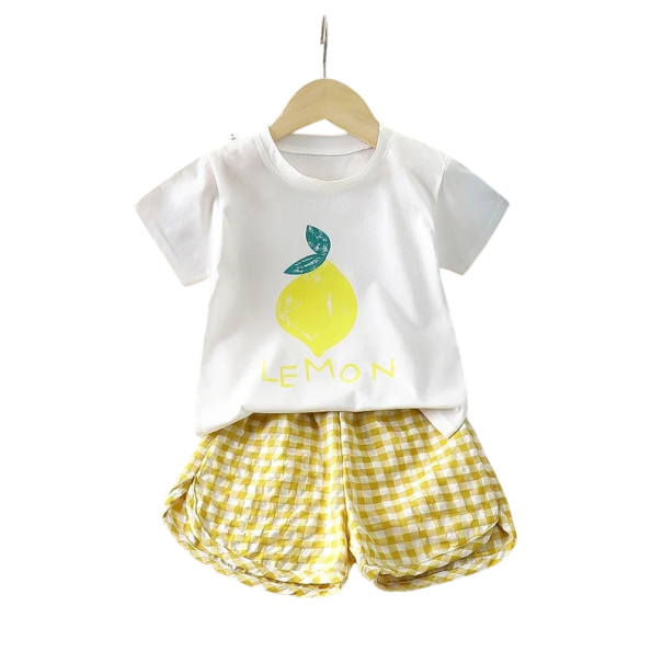 Conjunto de Verão para Meninas com Camiseta de Manga Curta e Calções à Quadrados Decote Redondo Estampado com Frutas Roupa amarelo 9-12 meses