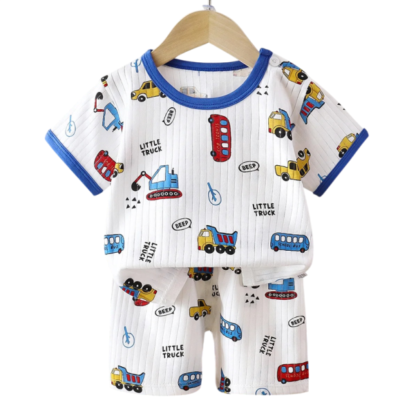 Conjunto de Verão Unisex para Crianças Camiseta de Manga Curta com Botões Decote Redondo Cor Branca Estampado de Carros Calções Confortáveis 4