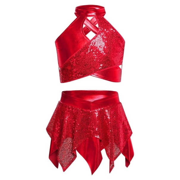 Conjunto de vestido de dança em duas peças para meninas com top de lantejoulas e saia assimétrica, conjunto em poliéster com brilho metálico para jazz e dança moderna vermelho 8