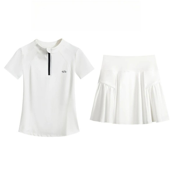 Conjunto deportivo de dos piezas para mujer, camiseta de manga corta con cremallera frontal y falda plisada, conjunto elástico de poliéster blanco M