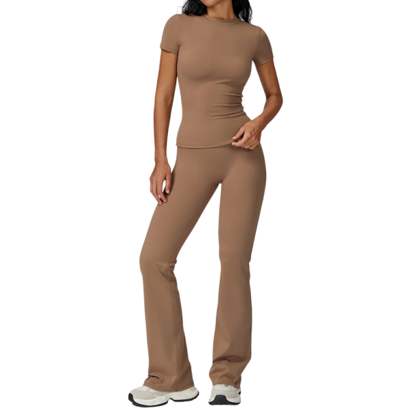 Conjunto deportivo de mujer con pantalones y camiseta de manga corta, de un solo color, nylon, poliéster, cómoda y estilosa para fitness beige XS