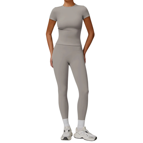 Conjunto deportivo para mujer con leggings y camiseta de manga corta, de un solo color, nylon, poliéster, cómodo y estiloso para fitness gris XS