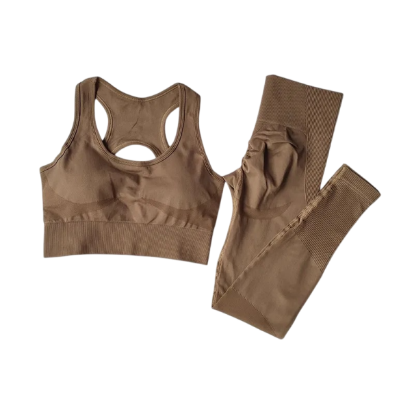 Conjunto deportivo para mujer con leggings y sujetador deportivo, de un solo color, nylon, spandex, cómodo y estiloso para fitness y ejercicio marrón S