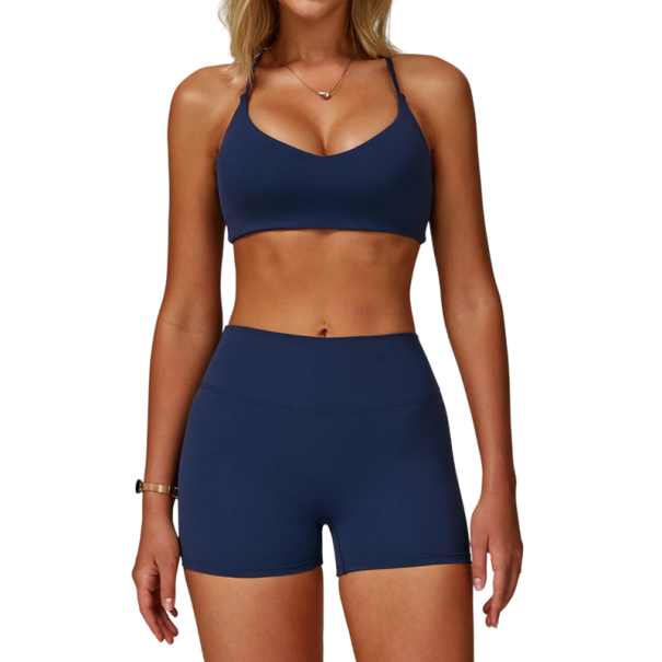 Conjunto deportivo para mujer con pantalones cortos y sujetador deportivo, nylon y spandex, de un solo color, ideal para hacer ejercicio y tiempo libre, cómodo y estiloso azul oscuro S