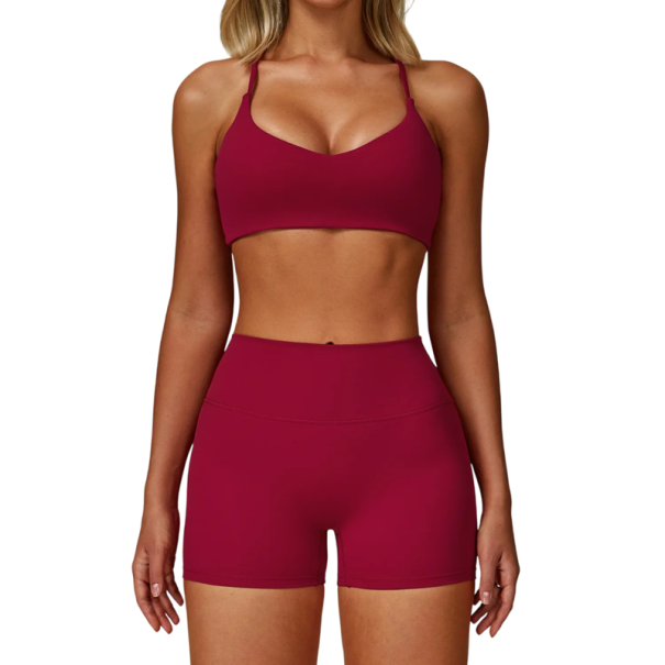 Conjunto deportivo para mujer con pantalones cortos y sujetador deportivo, nylon y spandex, de un solo color, ideal para hacer ejercicio y tiempo libre, cómodo y estiloso rojo S