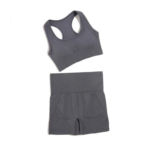 Conjunto desportivo feminino Calções e soutien desportivo Conjunto de fitness de verão em nylon cinzento L