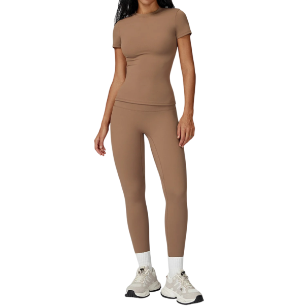 Conjunto desportivo feminino com leggings e t-shirt de manga curta, unicolor, nylon, poliéster, confortável e estiloso para fitness bege XS