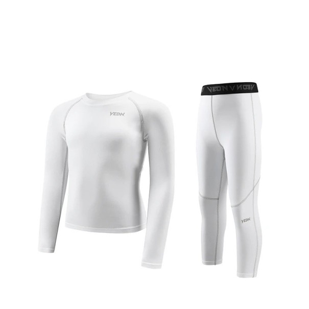 Conjunto desportivo para rapazes Camisola de compressão de mangas longas e leggings Decote redondo Conjunto funcional de treino branco 8