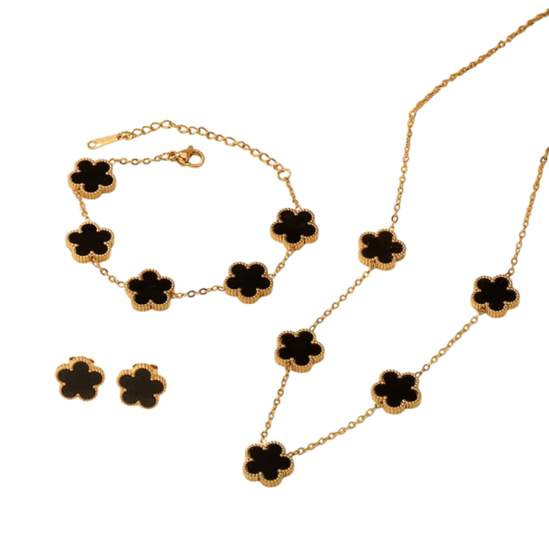 Conjunto elegante colar brincos pulseira Aço inoxidável Motivo floral Joias femininas para mulheres e raparigas Hipoalergénico conjunto brilhante preto