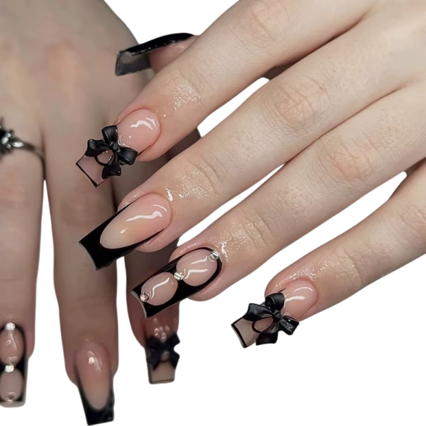 Conjunto elegante de 24 unidades de uñas artificiales cuadradas francesas con lazo DIY para mujeres y niñas Tips duraderos Manicura elegante en casa 1