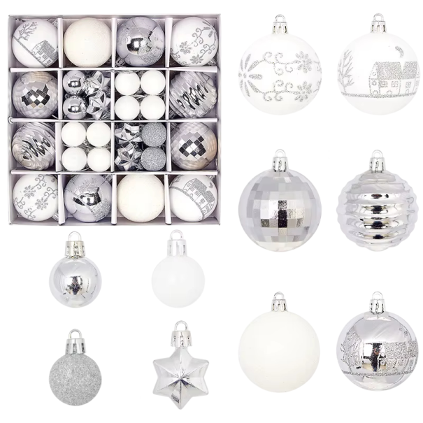 Conjunto elegante de adornos plateados y blancos 44 pcs 3 - 6 cm Bolas y estrellas Decoraciones navideñas de diferentes tamaños para el árbol 1