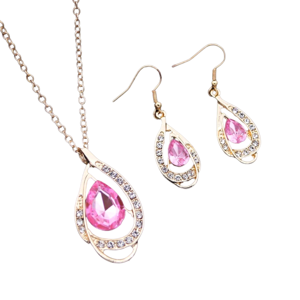 Conjunto feminino de colar e brincos com pedras decorativas V189 rosa