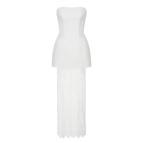 Conjunto feminino de top e saia Conjunto de dois peças Top sem alças Saia longa transparente Padrão de renda Acetato e algodão branco S