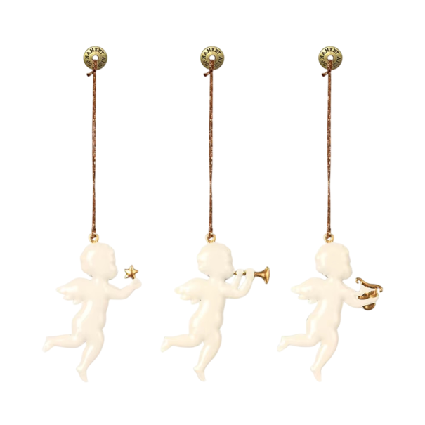 Conjunto festivo de 3 piezas de adornos navideños metálicos de angelitos con instrumentos musicales Decoraciones colgantes pintadas a mano para el árbol 1