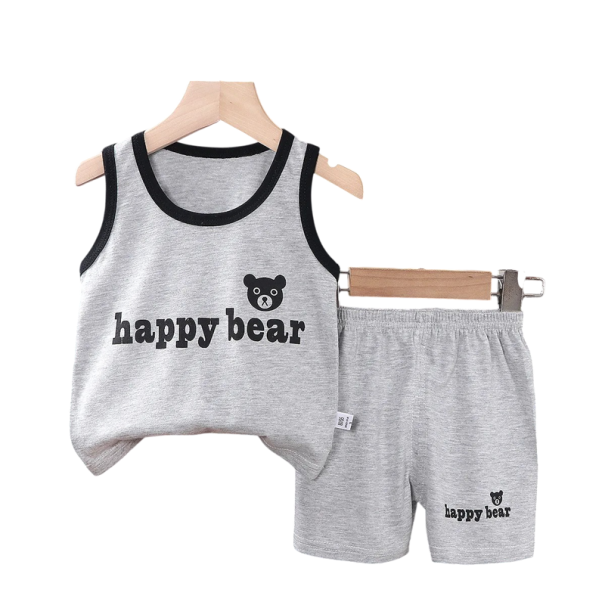 Conjunto infantil cinzento com estampado de ursinho, top com alças largas e calções elásticos, conjunto de verão unisex em algodão 5