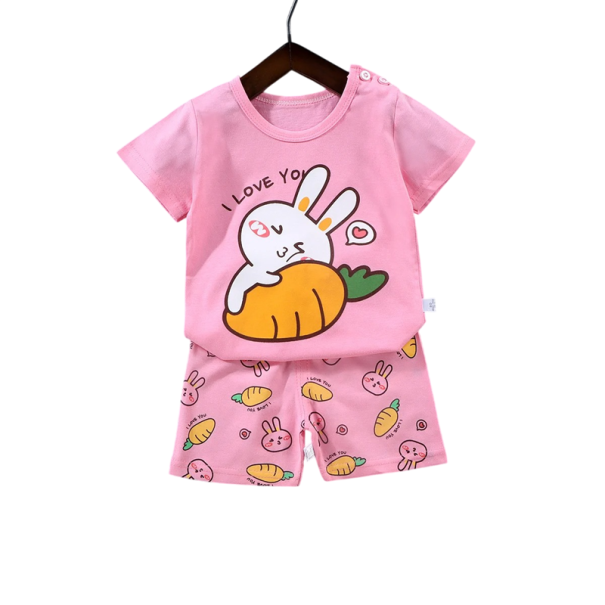 Conjunto infantil rosa com estampado de coelhinhos t-shirt de manga curta e calções elásticos Unisex conjunto de algodão para o verão 9-12 meses