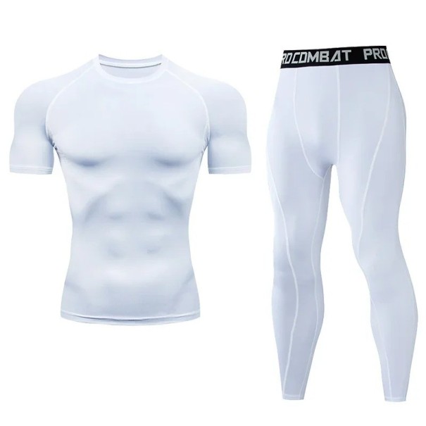 Conjunto masculino de leggings e t-shirt de manga curta, decote em O, poliéster branco XS