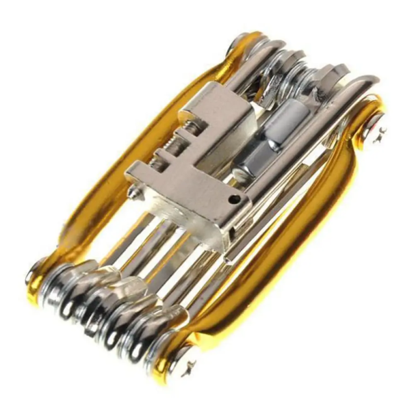Conjunto multifuncional de ferramentas para bicicleta 11 em 1 Chaves Chaves de fenda Cortador de corrente Ferramentas portáteis de alumínio Conjunto de reparação para bicicletas de montanha e de estrada dourado