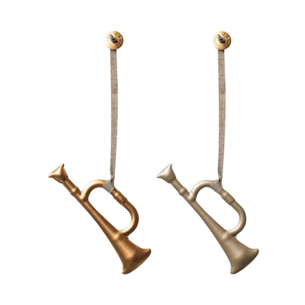 Conjunto musical 2 pcs de adornos navideños de metal en forma de trompeta Decoraciones colgantes pintadas a mano para el árbol Adornos festivos tradicionales 1