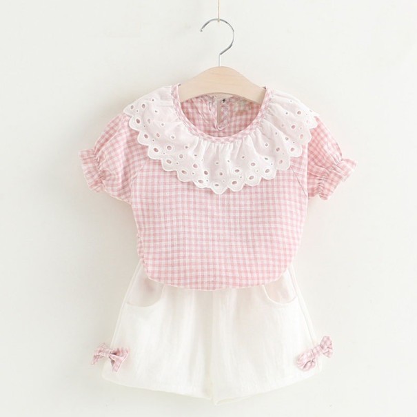 Conjunto niña cuadros con encaje y lazos J1265 rosa 4