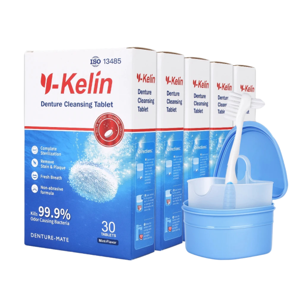 Conjunto para limpeza de próteses dentárias Comprimidos de limpeza 150 unid Estojo e escova para próteses dentárias 1