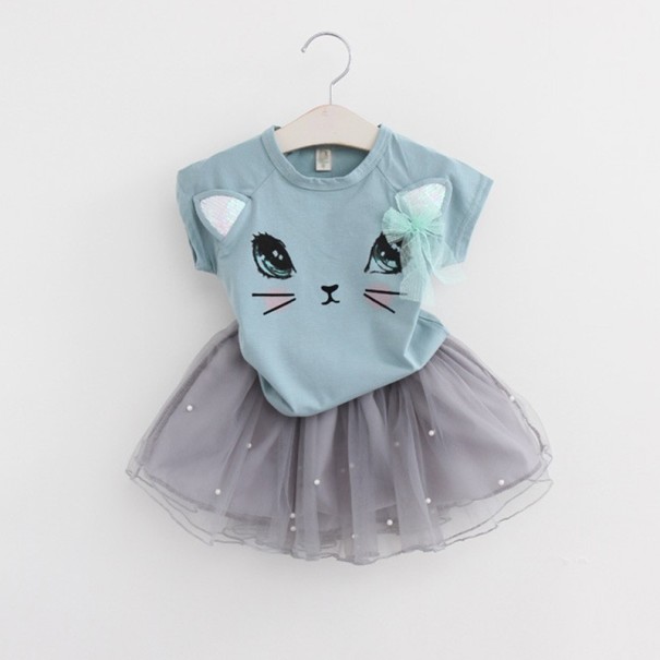 Conjunto para menina - T-shirt + saia com gato J1895 verde 2