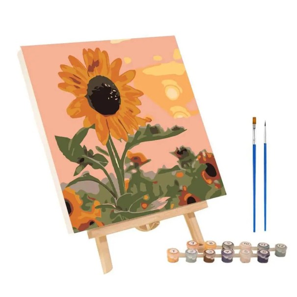 Conjunto para pintar por números 20x20 cm Girassol ao pôr do sol Paisagem com flores Tintas acrílicas Criação criativa Decoração 1