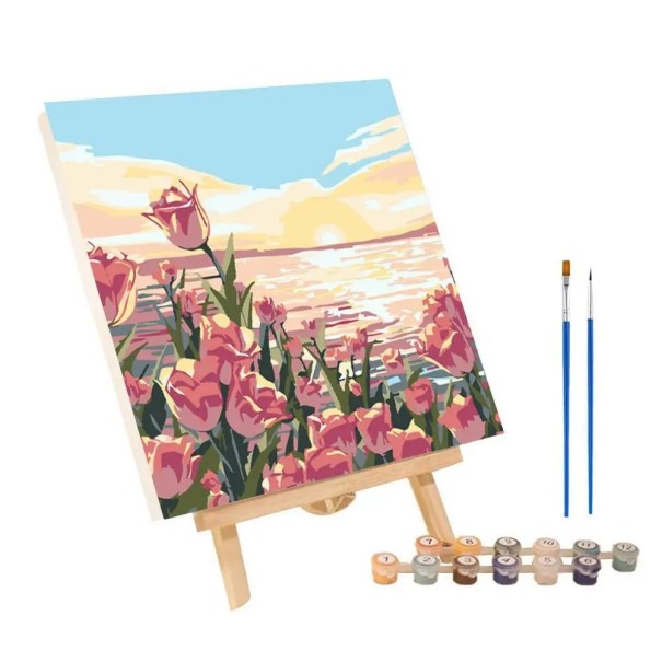 Conjunto para pintura por números 20x20 cm Tulipas ao pôr do sol Tintas acrílicas Moldura com tela Pincéis DIY decoração de pintura 1