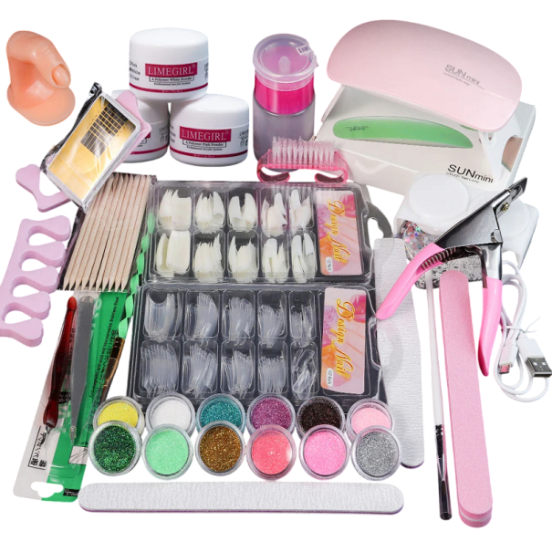 Conjunto para unhas de acrílico Pó de acrílico Monómero líquido Ferramentas de modelagem Brilhos Decorações para unhas Manicure profissional Cuidados 1