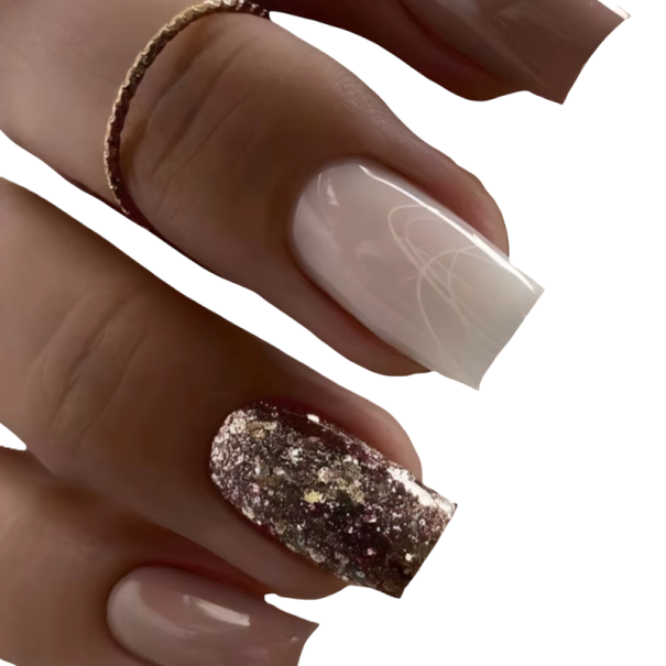 Conjunto popular de arte das unhas 24 pcs Unhas artificiais adesivas Forma quadrada com efeito glitter e metálico para manicure em casa 1