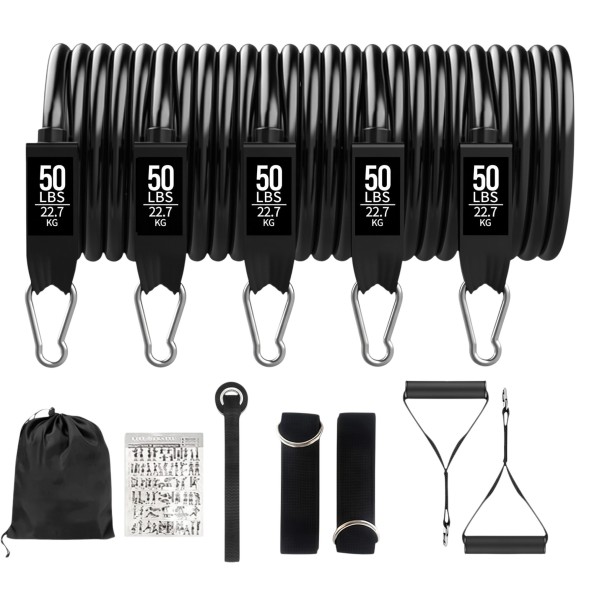 Conjunto preto de cordas de resistência para treino de força de 250 lb com cinco elásticos de 50 lb com mosquetões e pegas, bem como tiras 1
