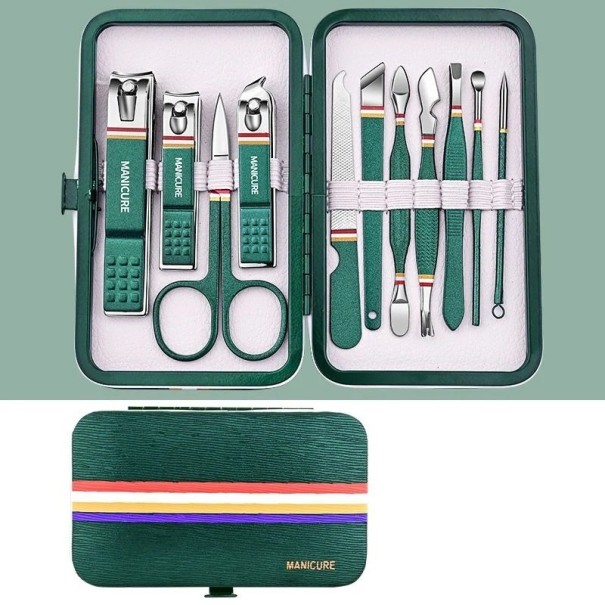 Conjunto profissional de manicure e pedicure em aço inoxidável Conjunto de ferramentas para cuidados com o rosto, pés e unhas das mãos e pés em estojo de couro Alicates, lima de unhas, colher de ouvido, tesoura, pinça 11 pcs verde