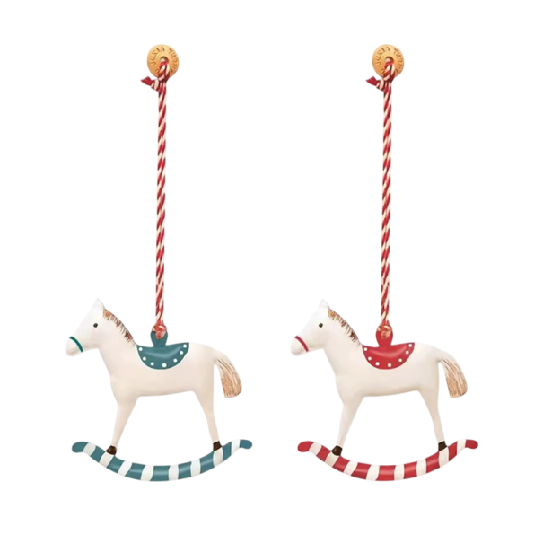 Conjunto retro de 2 piezas de adornos navideños de metal en forma de caballitos de madera pintados a mano Decoraciones colgantes para el árbol Motivo 1
