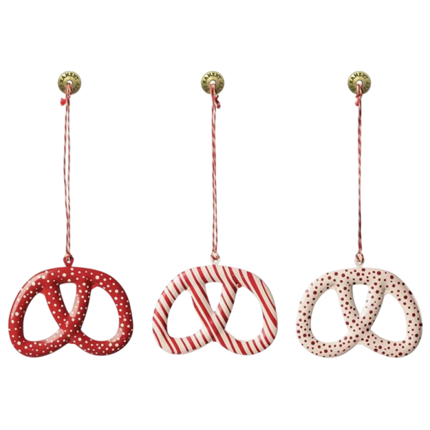 Conjunto tradicional de 3 piezas de adornos navideños de metal en forma de pretzel Pintados a mano decoraciones colgantes para el árbol Adornos 1
