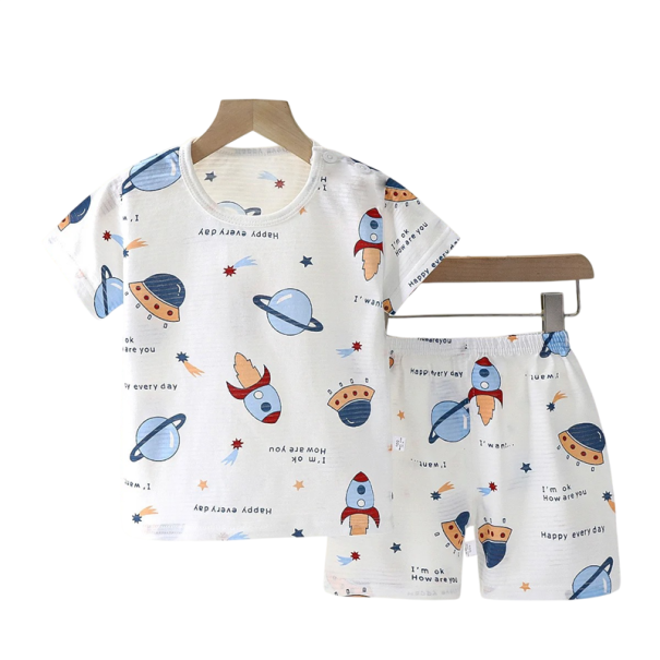 Conjunto unisex infantil camiseta blanca y pantalones cortos de manga corta con cuello redondo cohete espacial dibujado algodón 7