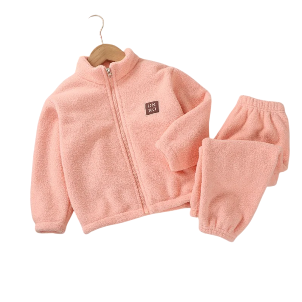 Conjunto unisex para crianças com sweatshirt de fecho e calças em pelúcia rosa 8