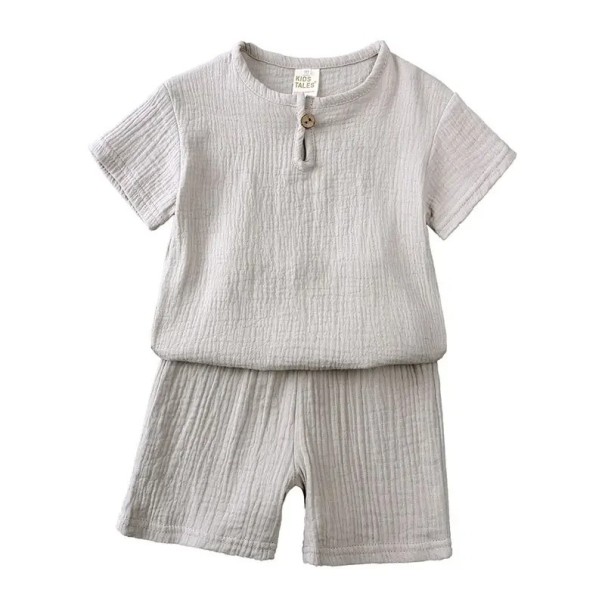 Conjunto unissexo infantil de t-shirt de manga curta e calções elásticos com botões no decote Decote redondo cinzento 5