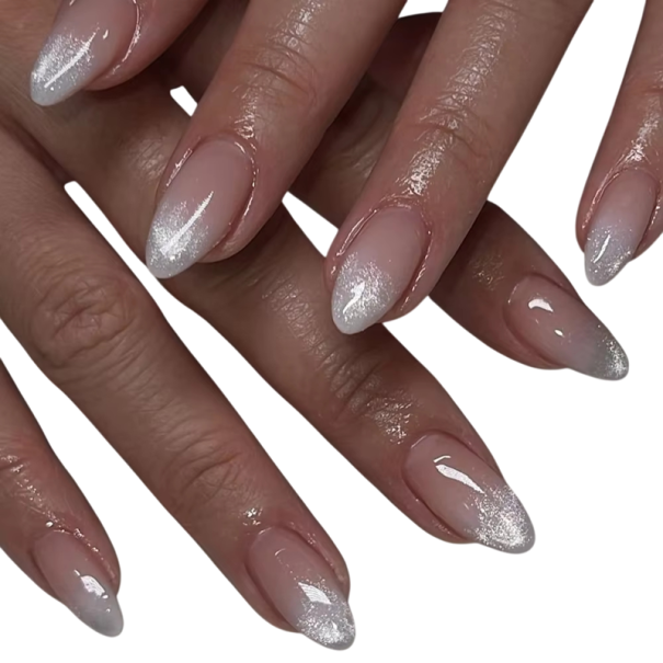 Consejos de almendra de tamaño mediano 24 unidades uñas adhesivas brillantes 3D de acrílico para manicura en casa Acabado suave Uñas cosméticas 1