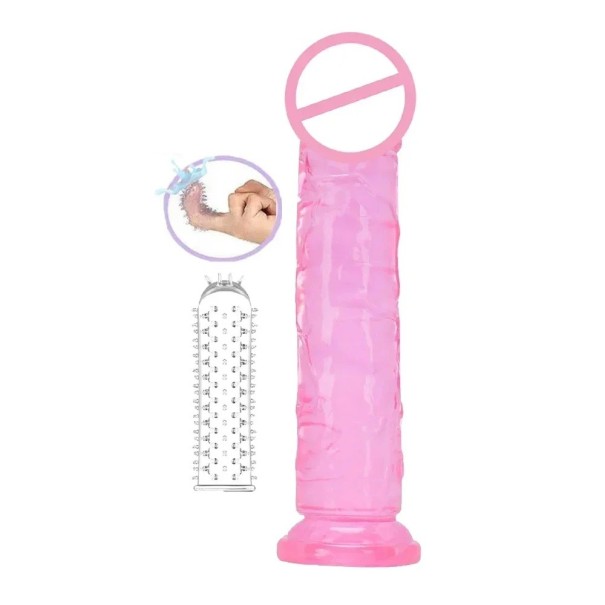 Consolador 21 x 4,5 cm con venas realistas y ventosa + funda para dedo con protuberancias para placer vaginal y anal, embalaje discreto rosa
