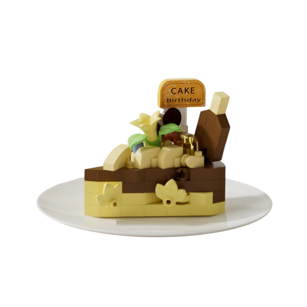 Construction Set 5.5 x 3.5 x 4.5 cm Cake Piece in Shades of Brown and Yellow with Floral Decoration and Top Decoration Creative Buildable Model 1