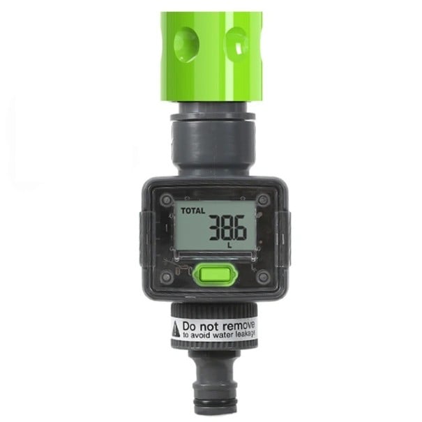 Contatore digitale di flusso dell'acqua con filettatura BSP per tubo da giardino e rubinetto con display LCD in litri nero per misurare il consumo 1