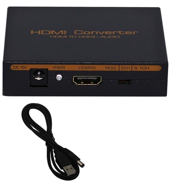 Conversor HDMI com separação de som para óptico SPDIF e stereo RCA Saída HDMI em passagem Interruptor 2CH e 5.1CH Resolução 1080p Alimentação via USB 1