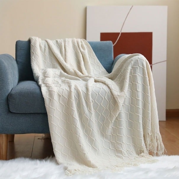 Coperta lavorata a maglia con frange 130 x 200 cm Beige
