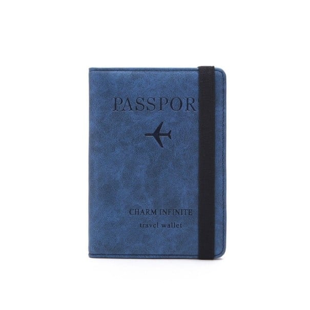 Coperta pentru taliei din piele PU Închidere cu bandă elastică Inscripție embosată Passport și motiv avion Suprafață mată Dimensiuni albastru inchis