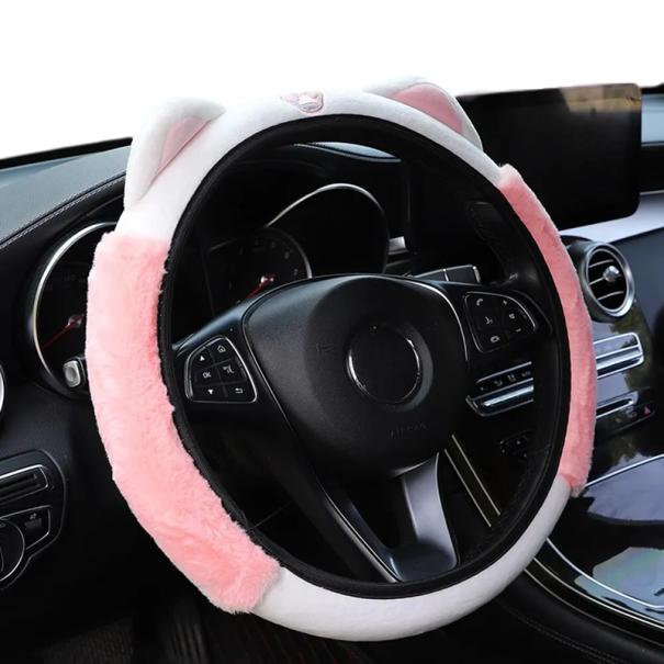Copertura per volante in peluche 30 cm Gattino disegnato senza anello interno Copertura calda per volante dell'auto Decorazione per interni rosa