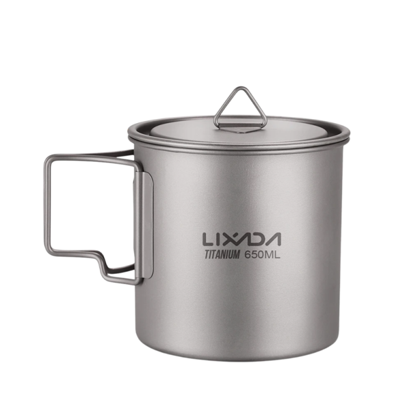 Copo de titânio 650 ml com tampa e pega dobrável 10 x 9,6 cm Copo ultraleve para atividades ao ar livre em titânio com saco de armazenamento para água 1