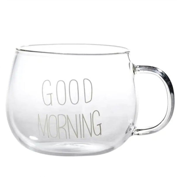 Copo de vidro transparente com a inscrição Good morning 350 ml Copo com pega 7 x 8,5 cm Copo de vidro para café, chá, chocolate quente branco