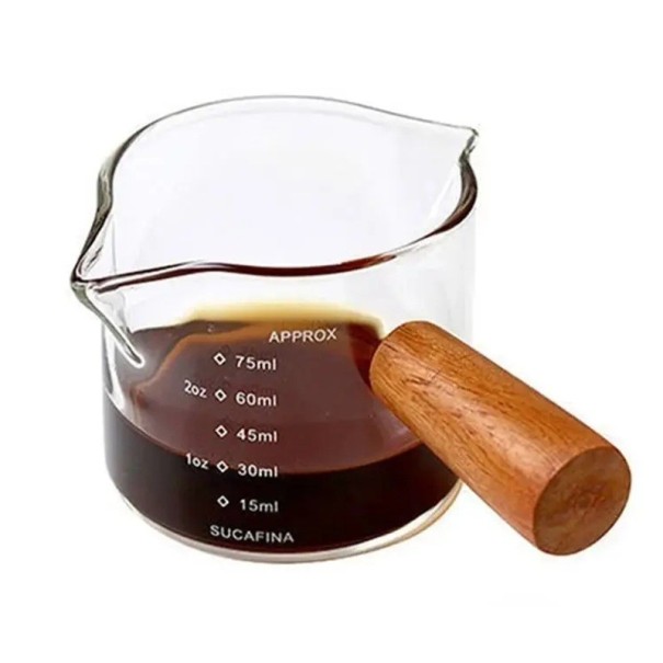 Copo medidor de vidro para espresso 75 ml com pega de madeira 5,33 x 5,7 cm Copo de barista Copo de vidro para café com marcas Acessórios para café 1