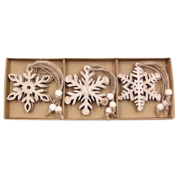 Copos de nieve de madera colgantes 12 unidades 8,5 x 23,5 cm 3 estilos Adornos navideños huecos de madera natural con cuerda Decoración para árbol en caja 1