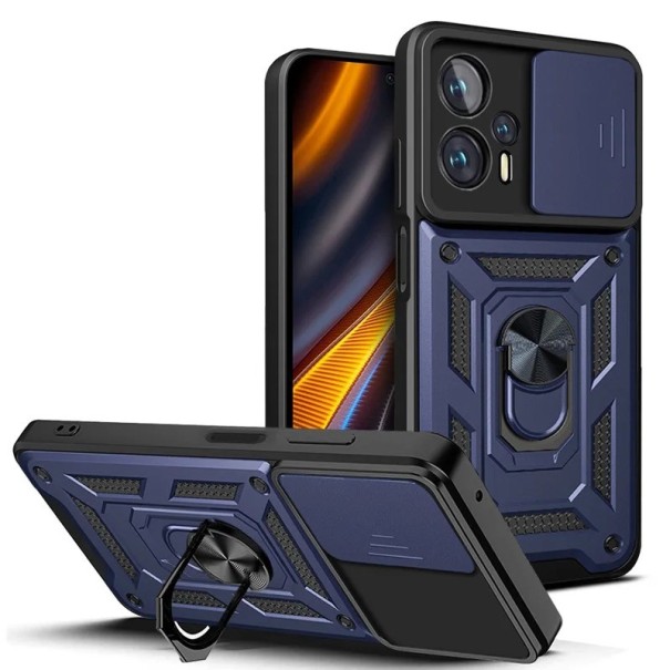 Coque de protection avec magnet, support et cache pour objectif pour Xiaomi Poco F4 bleu
